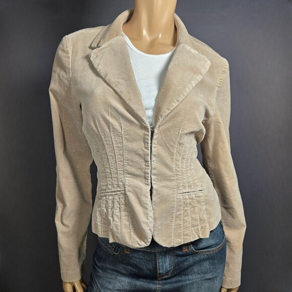 Y2K FANG Beige Velour Fitted Blazer Jacket Size L Office Siren 2000s Fall Autumn - Picture 1 of 10